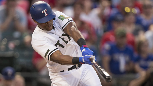 Aug 10, 2016; Arlington, TX, USA; Texas Rangers third baseman Adrian Beltre (29) watches his 2-run single in the eighth inning against the Colorado Rockies at Globe Life Park in Arlington. Rangers won 5-4. Photo Credit: Ray Carlin-USA TODAY Sports