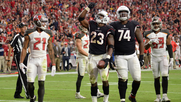 Oct 15, 2017; Glendale, AZ, USA; Arizona Cardinals running back Adrian Peterson (23) celebrates a touchdown during the second against the Tampa Bay Buccaneers at University of Phoenix Stadium. Photo Credit: Joe Camporeale-USA TODAY Sports