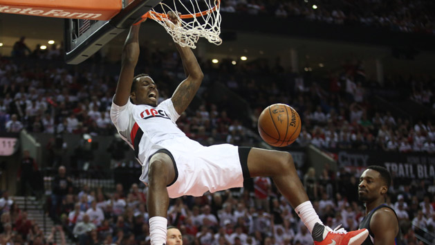 Apr 25, 2016; Portland, OR, USA; Portland Trail Blazers forward Al-Farouq Aminu (8) dunks over Los Angeles Clippers in the second half in game four of the first round of the NBA Playoffs at Moda Center at the Rose Quarter. Mandatory Credit: Jaime Valdez-USA TODAY Sports