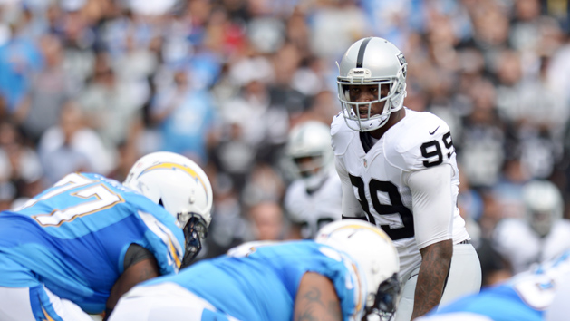 Oct 25, 2015; San Diego, CA, USA; Oakland Raiders outside linebacker Aldon Smith (99) looks across the line during the first quarter against the San Diego Chargers at Qualcomm Stadium. Mandatory Credit: Jake Roth-USA TODAY Sports