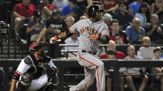 Sep 7, 2015; Phoenix, AZ, USA; San Francisco Giants left fielder Alejandro De Aza (45) singles in the seventh inning against the Arizona Diamondbacks at Chase Field. Mandatory Credit: Matt Kartozian-USA TODAY Sports