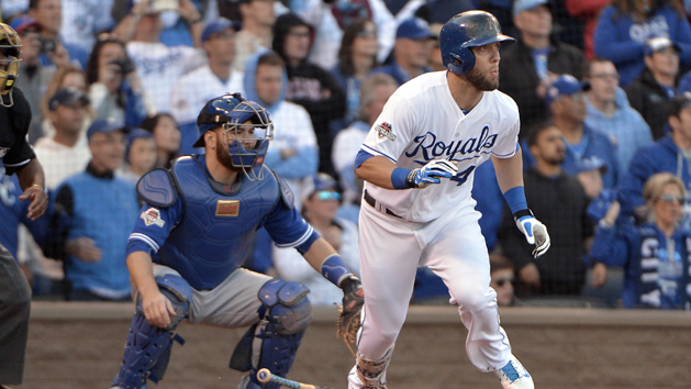 Oct 17, 2015; Kansas City, MO, USA; Kansas City Royals left fielder Alex Gordon (4) hits an RBI double during the seventh inning against the Toronto Blue Jays in game two of the ALCS at Kauffman Stadium. Mandatory Credit: Denny Medley-USA TODAY Sports