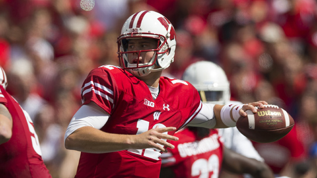 Sep 17, 2016; Madison, WI, USA; Wisconsin Badgers quarterback Alex Hornibrook (12) shows a pass during the third quarter against the Georgia State Panthers at Camp Randall Stadium. Wisconsin won 23-17. Photo Credit: Jeff Hanisch-USA TODAY Sports