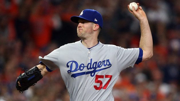 Oct 28, 2017; Houston, TX, USA; Los Angeles Dodgers starting pitcher Alex Wood throws a pitch against the Houston Astros in the first inning in game four of the 2017 World Series at Minute Maid Park. Photo Credit: Troy Taormina-USA TODAY Sports