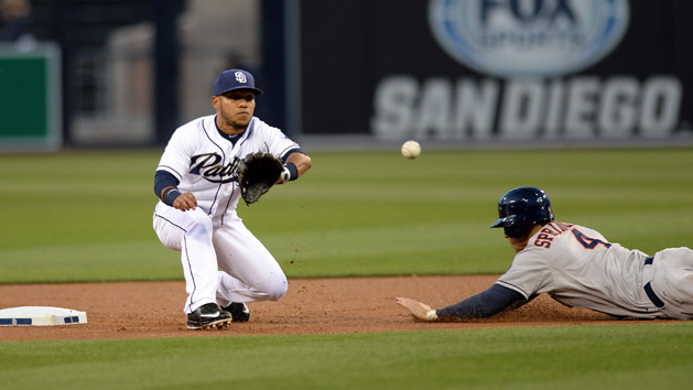 Alexi Amarista takes a throw at shortstop. (Jake Roth-USA TODAY Sports)