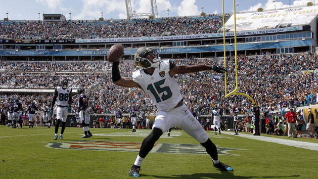 Sep 25, 2016; Jacksonville, FL, USA; Jacksonville Jaguars wide receiver Allen Robinson (15) celebrates a touchdown in the end zone during the second quarter of a football game against the Baltimore Ravens at EverBank Field. Photo Credit: Reinhold Matay-USA TODAY Sports