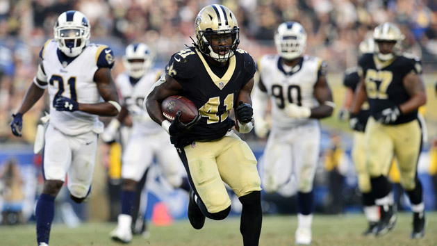 November 26, 2017; Los Angeles, CA, USA; New Orleans Saints running back Alvin Kamara (41) runs the ball ahead of the Los Angeles Rams defense during the second half at the Los Angeles Memorial Coliseum. Photo Credit: Gary A. Vasquez-USA TODAY Sports