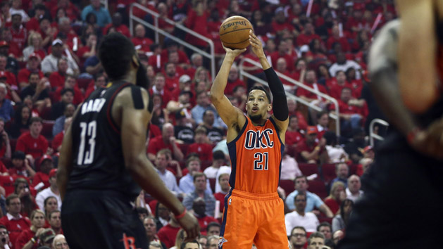 Apr 16, 2017; Houston, TX, USA; Oklahoma City Thunder forward Andre Roberson (21) shoots the ball during the second quarter against the Houston Rockets in game one of the first round of the 2017 NBA Playoffs at Toyota Center. Photo Credit: Troy Taormina-USA TODAY Sports