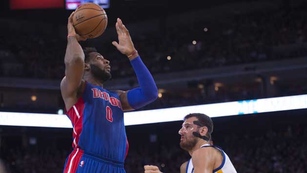November 9, 2015; Oakland, CA, USA; Detroit Pistons center Andre Drummond (0) shoots the basketball against Golden State Warriors center Andrew Bogut (12) during the third quarter at Oracle Arena. The Warriors defeated the Pistons 109-95. Photo Credit: Kyle Terada-USA TODAY Sports