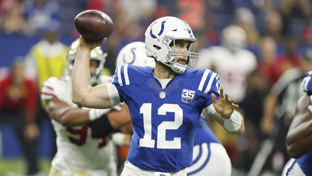 Aug 25, 2018; Indianapolis, IN, USA; Indianapolis Colts quarterback Andrew Luck (12) throws a pass against the San Francisco 49ers during the first quarter at Lucas Oil Stadium. Photo Credit: Brian Spurlock-USA TODAY Sports