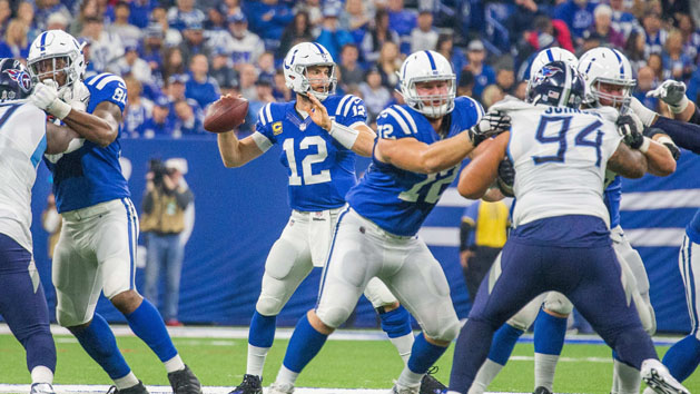 Nov 18, 2018; Indianapolis, IN, USA; Indianapolis Colts quarterback Andrew Luck (12) drops back to pass the ball in the second quarter against the Tennessee Titans at Lucas Oil Stadium. Photo Credit: Trevor Ruszkowski-USA TODAY Sports