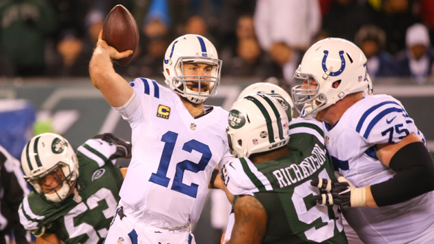Nov 2, 2015; Charlotte, NC, USA; Indianapolis Colts quarterback Andrew Luck (12) passes the ball during the third quarter against the Carolina Panthers at Bank of America Stadium. Carolina defeated Indianapolis 29-26 in overtime. Photo Credit: Jeremy Brevard-USA TODAY Sports