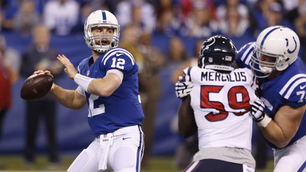 Dec 11, 2016; Indianapolis, IN, USA; Indianapolis Colts quarterback Andrew Luck (12) throws a pass against the Houston Texans at Lucas Oil Stadium. Photo Credit: Brian Spurlock-USA TODAY Sports