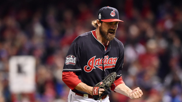 Oct 25, 2016; Cleveland, OH, USA; Cleveland Indians relief pitcher Andrew Miller reacts after striking out Chicago Cubs catcher David Ross (not pictured) to end the top of the 7th inning in game one of the 2016 World Series at Progressive Field. Photo Credit: Ken Blaze-USA TODAY Sports