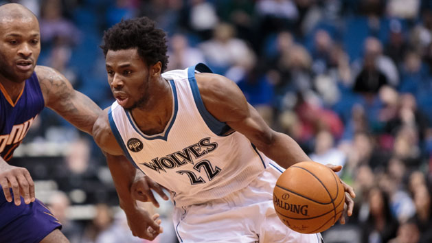 Jan 17, 2016; Minneapolis, MN, USA; Minnesota Timberwolves forward Andrew Wiggins (22) dribbles in the third quarter against the Phoenix Suns at Target Center. The Minnesota Timberwolves beat the Phoenix Suns 117-87. Mandatory Credit: Brad Rempel-USA TODAY Sports