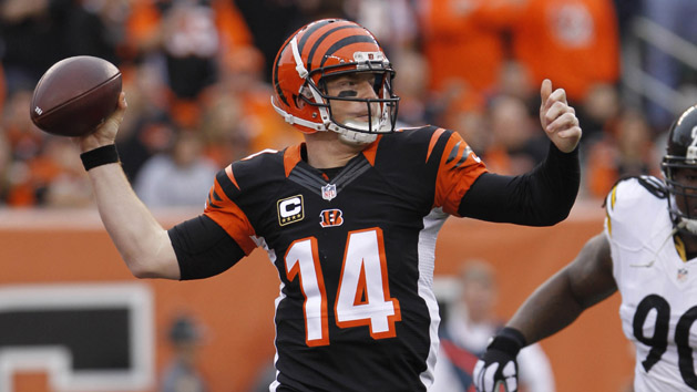 Nov 1, 2015; Pittsburgh, PA, USA; Cincinnati Bengals quarterback Andy Dalton (14) throws a pass against the Pittsburgh Steelers during the first half at Heinz Field. Mandatory Credit: Jason Bridge-USA TODAY Sports