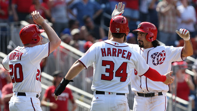 Apr 30, 2017; Washington, DC, USA; Washington Nationals third baseman Anthony Rendon (6) celebrates with Nationals second baseman Daniel Murphy (20) and Nationals right fielder Bryce Harper (34) after hitting a three-run home run against the New York Mets in the fourth inning at Nationals Park. Photo Credit: Geoff Burke-USA TODAY Sports