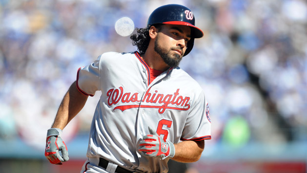 Oct 10, 2016; Los Angeles, CA, USA; Washington Nationals third baseman Anthony Rendon (6) hits a two run home run during the third inning against the Los Angeles Dodgers in game three of the 2016 NLDS playoff baseball series at Dodger Stadium. Photo Credit: Gary A. Vasquez-USA TODAY Sports