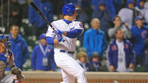Apr 10, 2017; Chicago, IL, USA; Chicago Cubs first baseman Anthony Rizzo (44) hits the game winning RBI single during the ninth inning against the Los Angeles Dodgers at Wrigley Field. Chicago won 3-2. Photo Credit: Dennis Wierzbicki-USA TODAY Sports