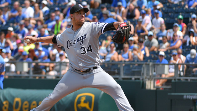Jul 23, 2017; Kansas City, MO, USA; Chicago White Sox relief pitcher Anthony Swarzak (34) delivers a pitch in the fifth inning against the Kansas City Royals at Kauffman Stadium. Photo Credit: Denny Medley-USA TODAY Sports