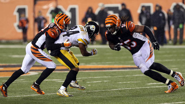 Jan 9, 2016; Cincinnati, OH, USA; Cincinnati Bengals outside linebacker Vontaze Burfict (55) hits Pittsburgh Steelers wide receiver Antonio Brown (84) during the fourth quarter in the AFC Wild Card playoff football game at Paul Brown Stadium. Burfict was called for a personal foul on the play. Mandatory Credit: Aaron Doster-USA TODAY Sports