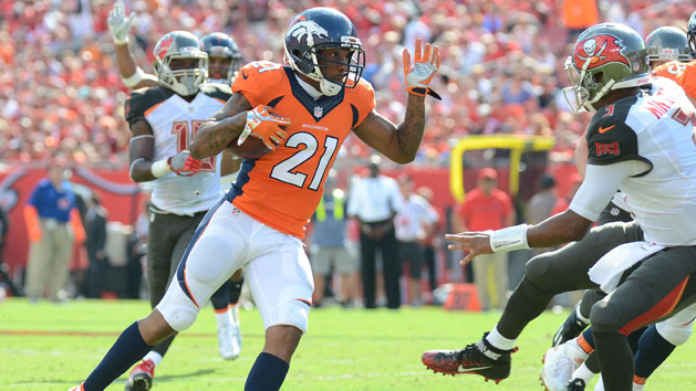 Oct 2, 2016; Tampa, FL, USA; Denver Broncos defensive back Aqib Talib (21) returns an interception in the first half against the Tampa Bay Buccaneers at Raymond James Stadium. Photo Credit: Jonathan Dyer-USA TODAY Sports