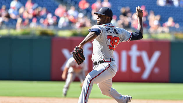 Aug 2, 2015; Philadelphia, PA, USA; Atlanta Braves relief pitcher Arodys Vizcaino (38) pitches during the of the ninth inning of the game against the Philadelphia Phillies at Citizens Bank Park. The Braves won the game 6-2. Mandatory Credit: John Geliebter-USA TODAY Sports