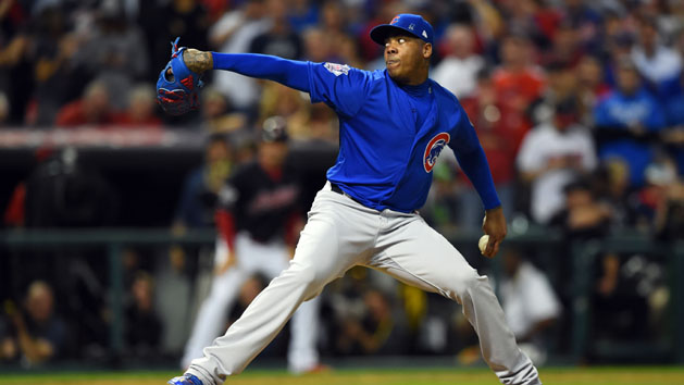 Oct 30, 2016; Chicago, IL, USA; Chicago Cubs relief pitcher Aroldis Chapman (54) delivers a pitch against the Cleveland Indians during the seventh inning in game five of the 2016 World Series at Wrigley Field. Photo Credit: Dennis Wierzbicki-USA TODAY Sports