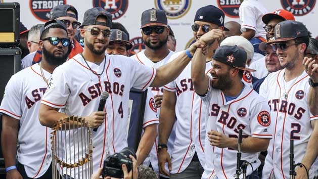 Nov 3, 2017; Houston, TX, USA; Houston Astros center fielder George Springer (4) and Houston Astros second baseman Jose Altuve (27) celebrate during the World Series championship parade and rally at Houston City Hall. Photo Credit: Troy Taormina-USA TODAY Sports