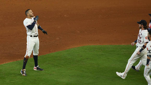 Oct 14, 2017; Houston, TX, USA; Houston Astros shortstop Carlos Correa (1) reacts to the win over the New York Yankees during the ninth inning in game two of the 2017 ALCS playoff baseball series at Minute Maid Park. Photo Credit: Troy Taormina-USA TODAY Sports