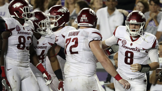 Sep 10, 2016; Fort Worth, TX, USA; Arkansas Razorbacks quarterback Austin Allen (8) celebrates after scoring a two point conversion during the second half against the TCU Horned Frogs at Amon G. Carter Stadium. Photo Credit: Kevin Jairaj-USA TODAY Sports