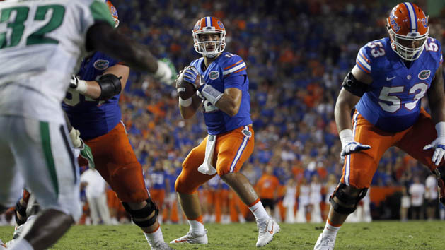 Sep 17, 2016; Gainesville, FL, USA; Florida Gators quarterback Austin Appleby (12) prepares to throw the ball against the North Texas Mean Green during the second half at Ben Hill Griffin Stadium. Florida Gators defeated the North Texas Mean Green 32-0. Photo Credit: Kim Klement-USA TODAY Sports