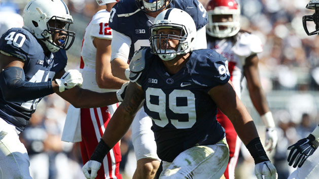 Oct 10, 2015; University Park, PA, USA; Penn State Nittany Lions defensive tackle Austin Johnson (99) reacts after sacking Indiana Hoosiers quarterback Zander Diamont (not pictured) during the second quarter at Beaver Stadium. Mandatory Credit: Matthew O'Haren-USA TODAY Sports