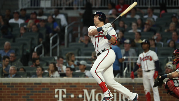 May 15, 2019; Atlanta, GA, USA; Atlanta Braves left fielder Austin Riley (27) hits a solo home run in the fourth inning against the St. Louis Cardinals at SunTrust Park. Photo Credit: Jason Getz-USA TODAY Sports