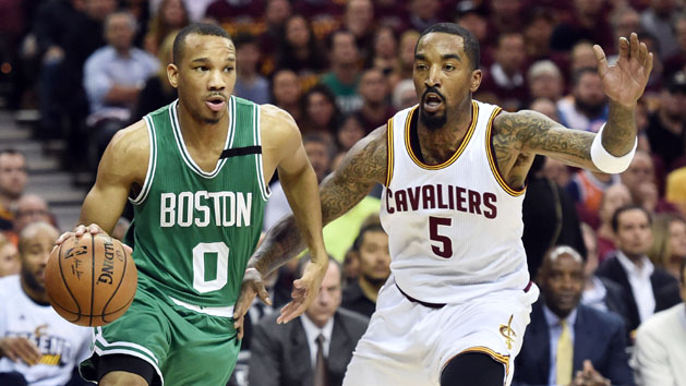 May 23, 2017; Cleveland, OH, USA; Boston Celtics guard Avery Bradley (0) drives to the basket against Cleveland Cavaliers guard JR Smith (5) during the first quarter in game four of the Eastern conference finals of the NBA Playoffs at Quicken Loans Arena. Photo Credit: Ken Blaze-USA TODAY Sports