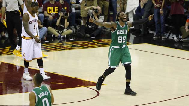 May 21, 2017; Cleveland, OH, USA; Boston Celtics forward Jae Crowder (99) celebrates a three point basket by guard Avery Bradley (not pictured) in the fourth quarter against Cleveland Cavaliers in game three of the Eastern conference finals of the NBA Playoffs at Quicken Loans Arena. Photo Credit: Rick Osentoski-USA TODAY Sports