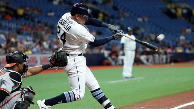 Apr 18, 2019; St. Petersburg, FL, USA;Tampa Bay Rays designated hitter Avisail Garcia (24) hits a home run during the ninth inning against the Baltimore Orioles at Tropicana Field. Photo Credit: Kim Klement-USA TODAY Sports