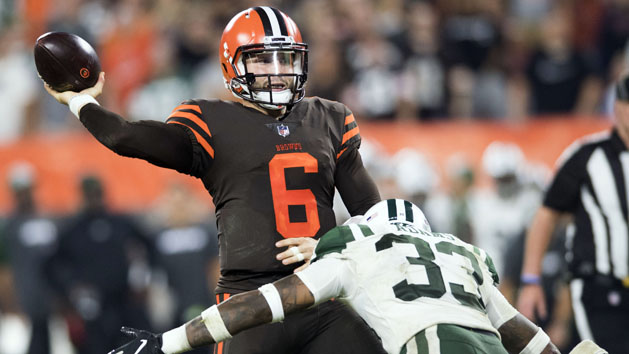 Sep 20, 2018; Cleveland, OH, USA; Cleveland Browns quarterback Baker Mayfield (6) throws a pass under pressure from New York Jets defensive back Jamal Adams (33) during the second half at FirstEnergy Stadium. Photo Credit: Ken Blaze-USA TODAY Sports