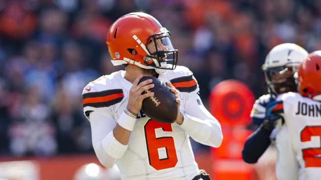 Oct 14, 2018; Cleveland, OH, USA; Cleveland Browns quarterback Baker Mayfield (6) drops back to pass against the Los Angeles Chargers during the first quarter at FirstEnergy Stadium. Photo Credit: Scott R. Galvin-USA TODAY Sports
