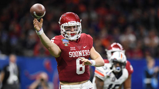 Jan 2, 2017; New Orleans , LA, USA; Oklahoma Sooners quarterback Baker Mayfield (6) throws on the run against the Auburn Tigers in the third quarter of the 2017 Sugar Bowl at the Mercedes-Benz Superdome. Photo Credit: John David Mercer-USA TODAY Sports