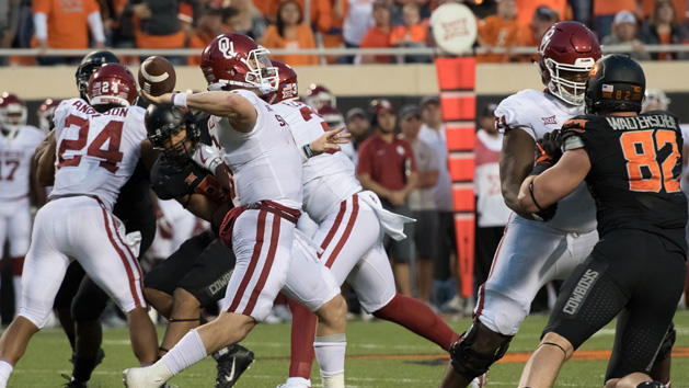 Nov 4, 2017; Stillwater, OK, USA; Oklahoma Sooners quarterback Baker Mayfield (6) passes against the Oklahoma State Cowboys during the second half at Boone Pickens Stadium. Photo Credit: Rob Ferguson-USA TODAY Sports
