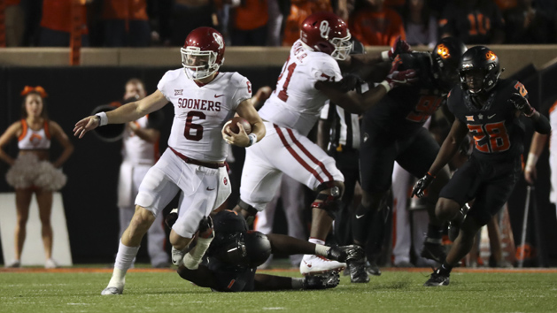 Nov 4, 2017; Stillwater, OK, USA; Oklahoma Sooners quarterback Baker Mayfield (6) runs during the game against the Oklahoma State Cowboys at Boone Pickens Stadium. Photo Credit: Kevin Jairaj-USA TODAY Sports
