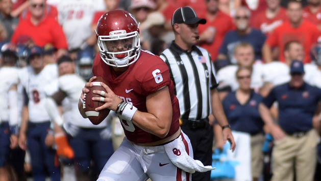 Sep 2, 2017; Norman, OK, USA; Oklahoma Sooners quarterback Baker Mayfield (6) looks to pass the ball against the UTEP Miners during the second quarter at Gaylord Family - Oklahoma Memorial Stadium. Photo Credit: Mark D. Smith-USA TODAY Sports