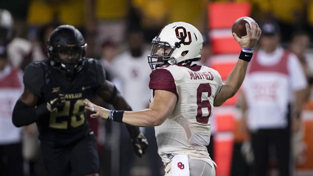Sep 23, 2017; Waco, TX, USA; Oklahoma Sooners quarterback Baker Mayfield (6) passes the ball against the Baylor Bears during the second half at McLane Stadium. The Sooners defeat the Bears 49-41. Photo Credit: Jerome Miron-USA TODAY Sports