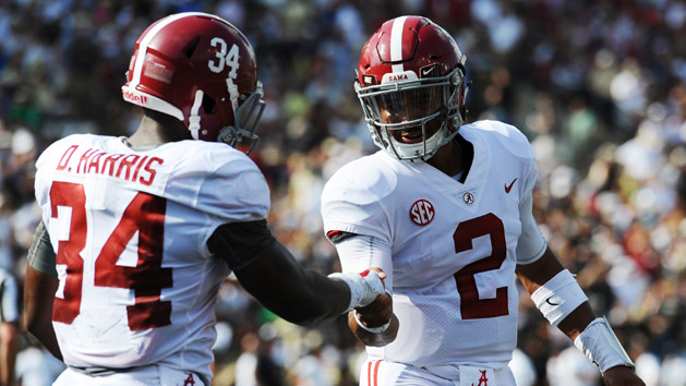 Sep 23, 2017; Nashville, TN, USA; Alabama Crimson Tide running back Damien Harris (34) celebrates with quarterback Jalen Hurts (2) after a touchdown during the first half against the Vanderbilt Commodores at Vanderbilt Stadium. Photo Credit: Christopher Hanewinckel-USA TODAY Sports