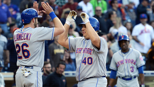 May 7, 2016; San Diego, CA, USA; New York Mets starting pitcher Bartolo Colon (40) is congratulated by catcher Kevin Plawecki (26) after hitting a two run home run during the second inning against the San Diego Padres at Petco Park. Mandatory Credit: Jake Roth-USA TODAY Sports