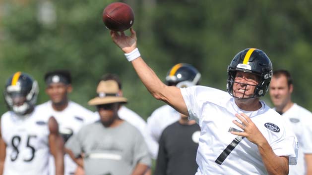 Jul 27, 2018; Latrobe, PA, USA; Pittsburgh Steelers quarterback Ben Roethlisberger (7) throws the ball during training camp at St. Vincent College. Photo Credit: Philip G. Pavely-USA TODAY Sports