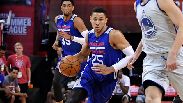 Jul 12, 2016; Las Vegas, NV, USA; Philadelphia 76ers forward Ben Simmons (25) dribbles the ball during an NBA Summer League game against the Golden State Warriors at Thomas & Mack Center. Golden State won the game 85-77. Photo Credit: Stephen R. Sylvanie-USA TODAY Sports