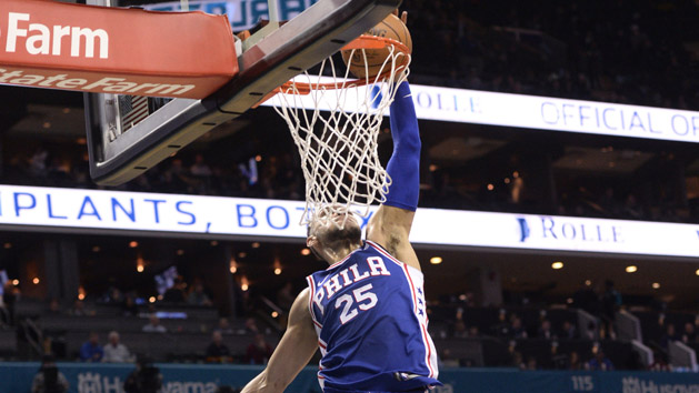 Mar 6, 2018; Charlotte, NC, USA; Philadelphia 76ers guard Ben Simmons (25) drives to the basket and dunks the ball during the first half against the Charlotte Hornets at the Spectrum Center. Photo Credit: Sam Sharpe-USA TODAY Sports