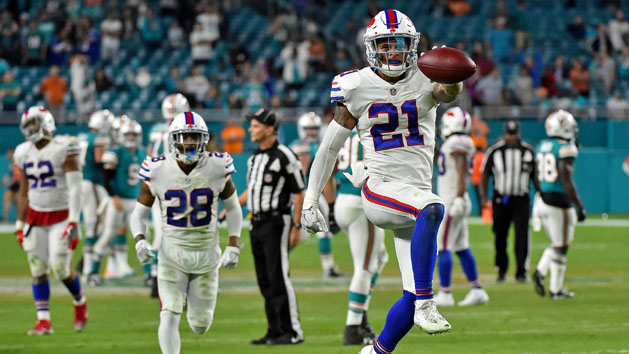 Dec 31, 2017; Miami Gardens, FL, USA; Buffalo Bills free safety Jordan Poyer (21) celebrates after intercepting a pass from Miami Dolphins quarterback David Fales (9) during the second half at Hard Rock Stadium. Photo Credit: Jasen Vinlove-USA TODAY Sports